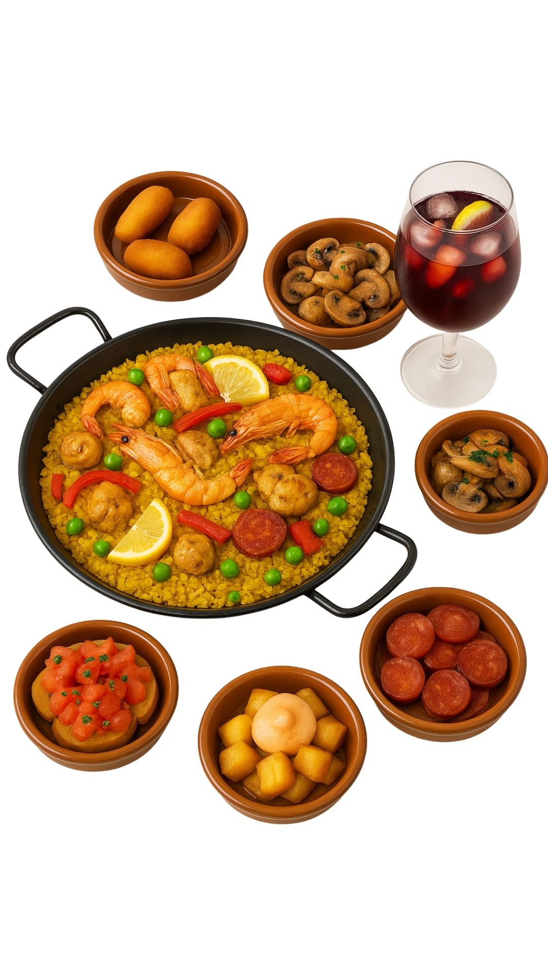 Draufsicht auf eine traditionelle spanische Meeresfrüchte-Paella, umgeben von verschiedenen Tapas und einem Glas Sangria, serviert im Vivolo Restaurant in Berlin.